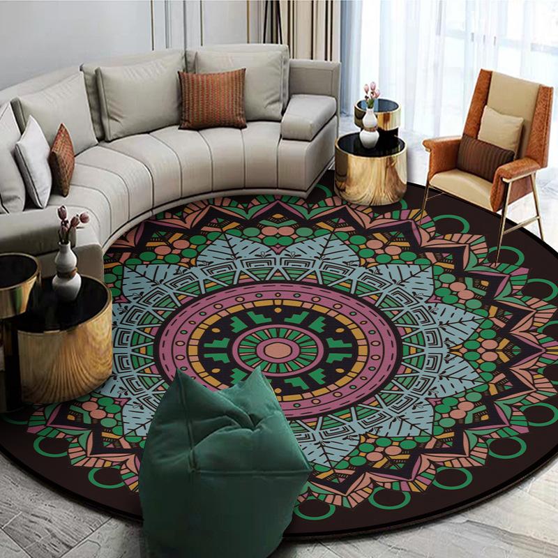 Bohemian Ethnic Style Round Carpet Modern Home Decor Rug Geometric Flower Design Non-Slip Mat for Living Room Bedroom Lounge