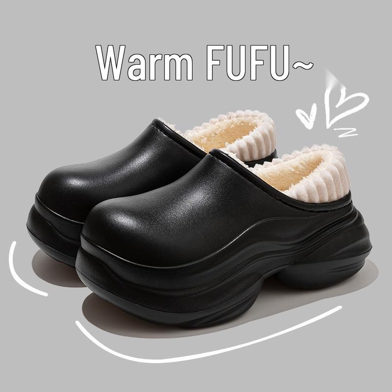 Women's Thick-Soled High-Heeled Cotton Slippers: Cozy Closed-Toe Velvet Shoes for Autumn/Winter