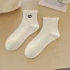 Spring Socks for Women Short Calf Black and White Mushroom Edge Solid Color Mid Calf Socks Embroidered All In One Machine Cotton Socks Thin Style