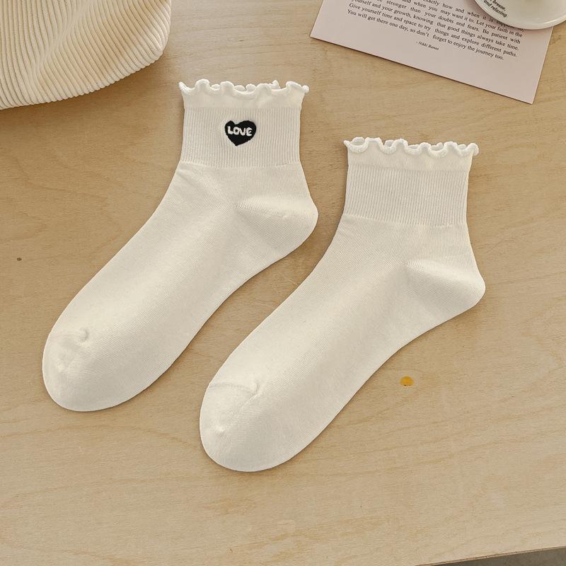 Spring Socks for Women Short Calf Black and White Mushroom Edge Solid Color Mid Calf Socks Embroidered All In One Machine Cotton Socks Thin Style