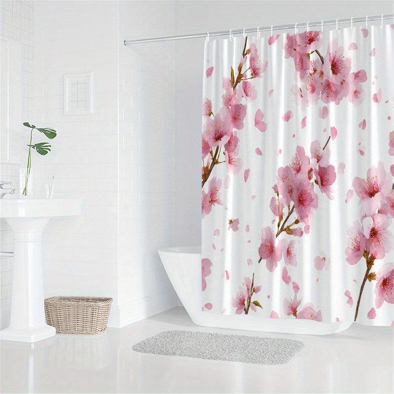 1pc Elegant Cherry Blossom Shower Curtain - Pink floral pattern on white background, polyester fabric, machine washable