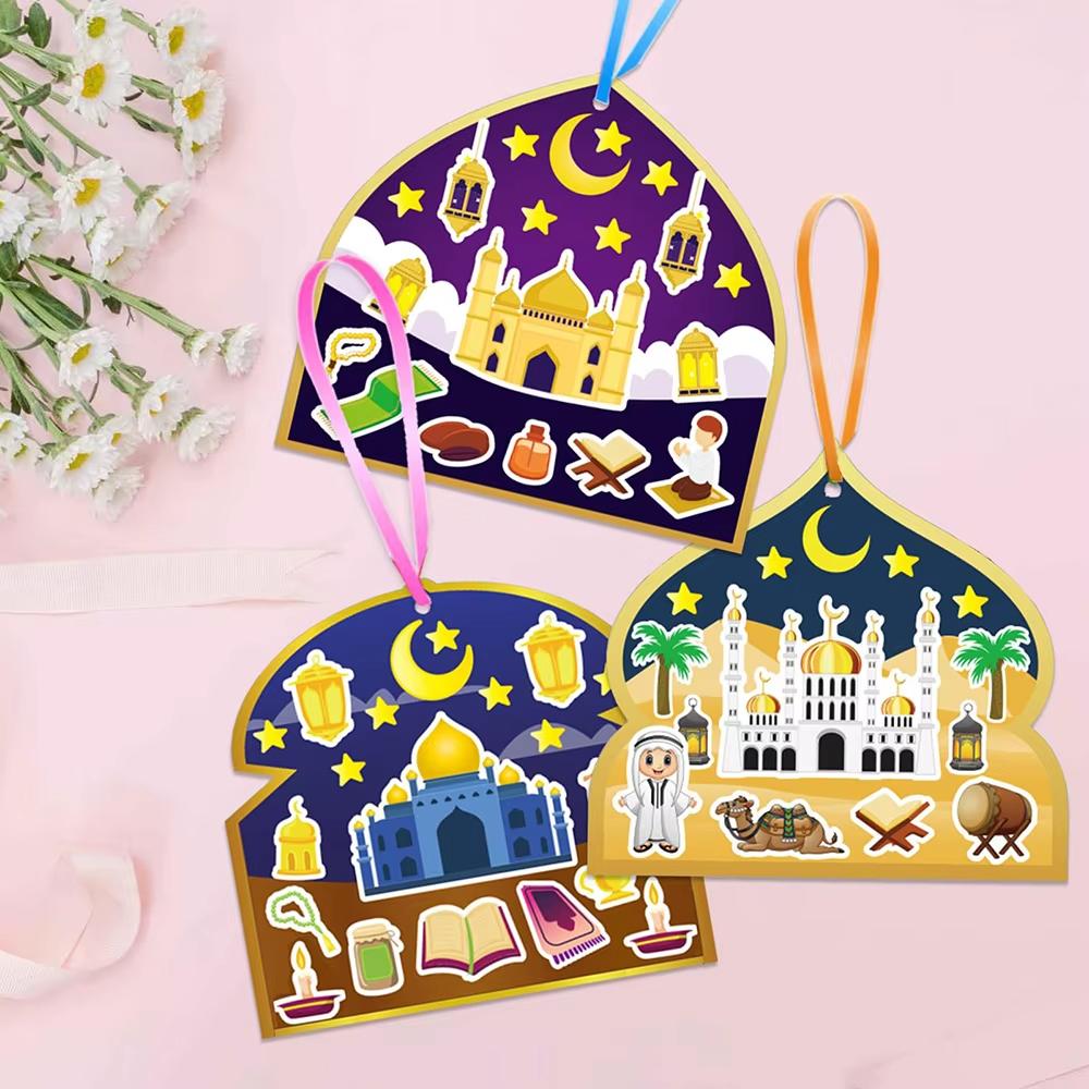 36Pcs Cartoon Islamic Sticker Craft DIY Scene Sticker with Ribbon Kits Muslim Party Home Decoration Hanging Ornament Craft