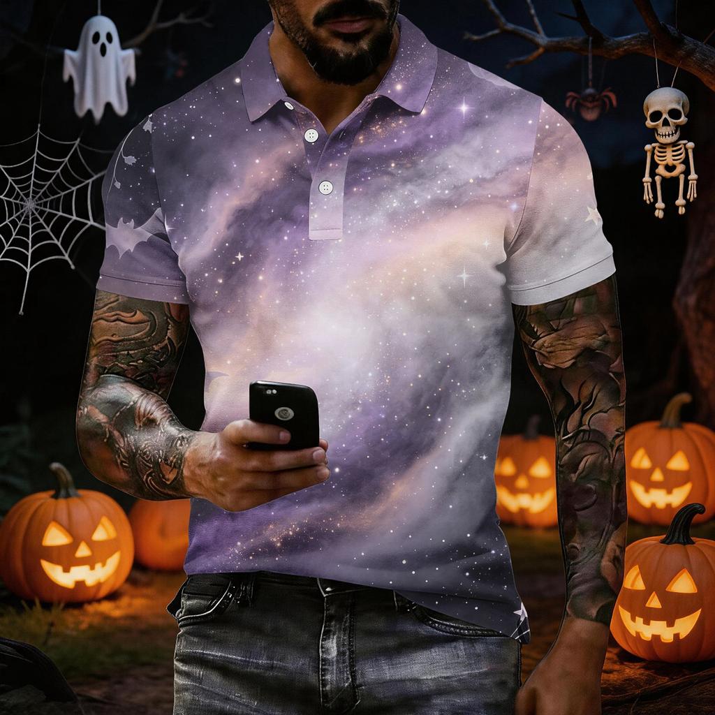 Men's Short Sleeve Halloween Print Shirt for Casual Wear and Halloween Parties