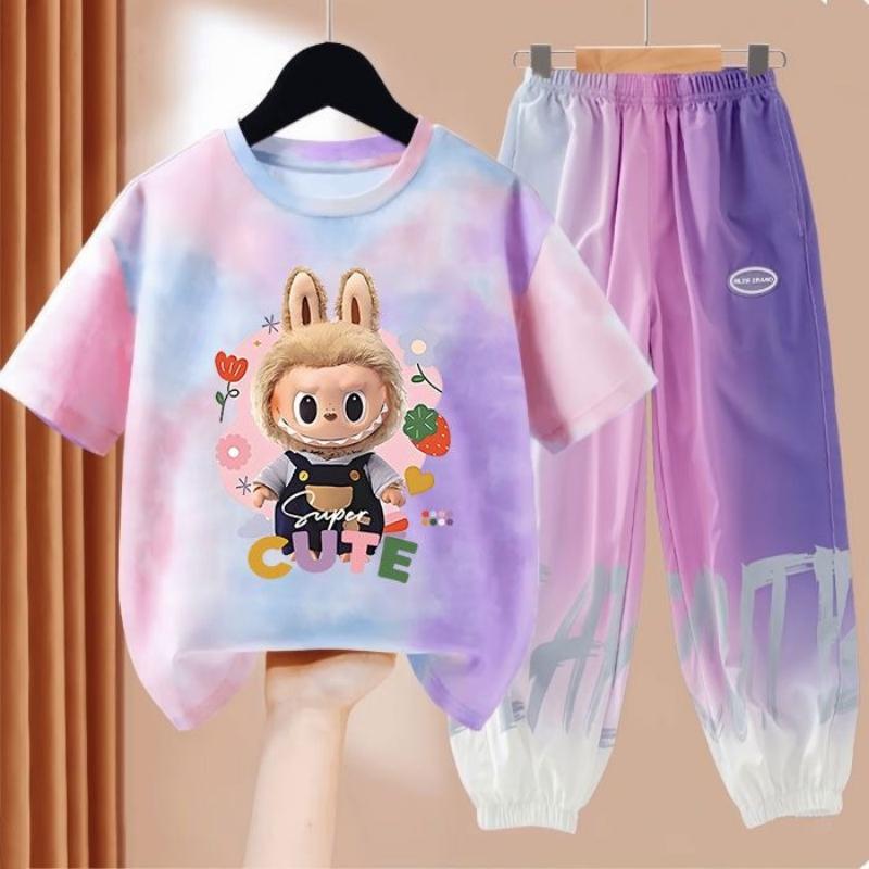 LBB Girls' Dopamine Set Summer Children's Fashionable Short-sleeved T-shirt Ice Silk Set