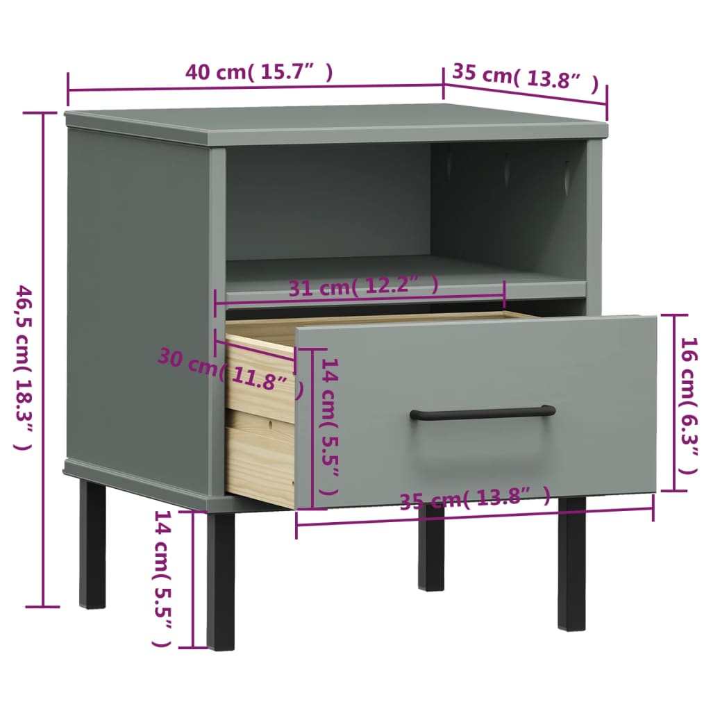 Oslo Nightstand with Metal Legs Grey Solid Pine Wood
