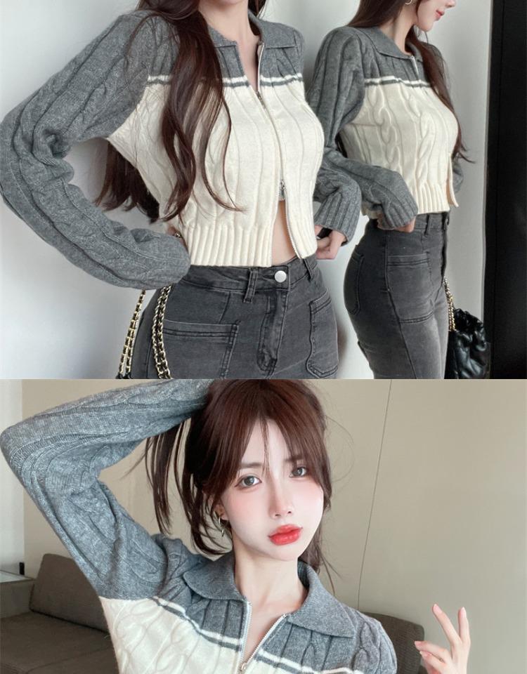Spicy Girl Polo Collar Cropped Knit Cardigan Sweater - Women's Autumn Long Sleeve Slit Top