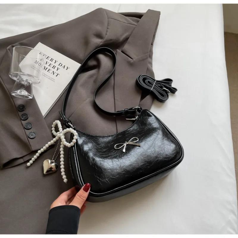 Chain Zipper Pu  Popular Shoulder Bag Sewing Thread Solid Color Bow Fashion Crossbody Bag Soft Versatile Women's Handbag