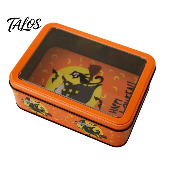 Desktop Decorative Storage Halloween Tin Box with Clear Lid, Witch Pumpkin Ghost Candy Snack Holders Container for Cookies Snacks, Festive Organizer