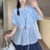 Striped Women's Short Sleeved Shirts Fashionable Lace Patchwork Bloues Korean Sweet and Simple Ladies Clothing