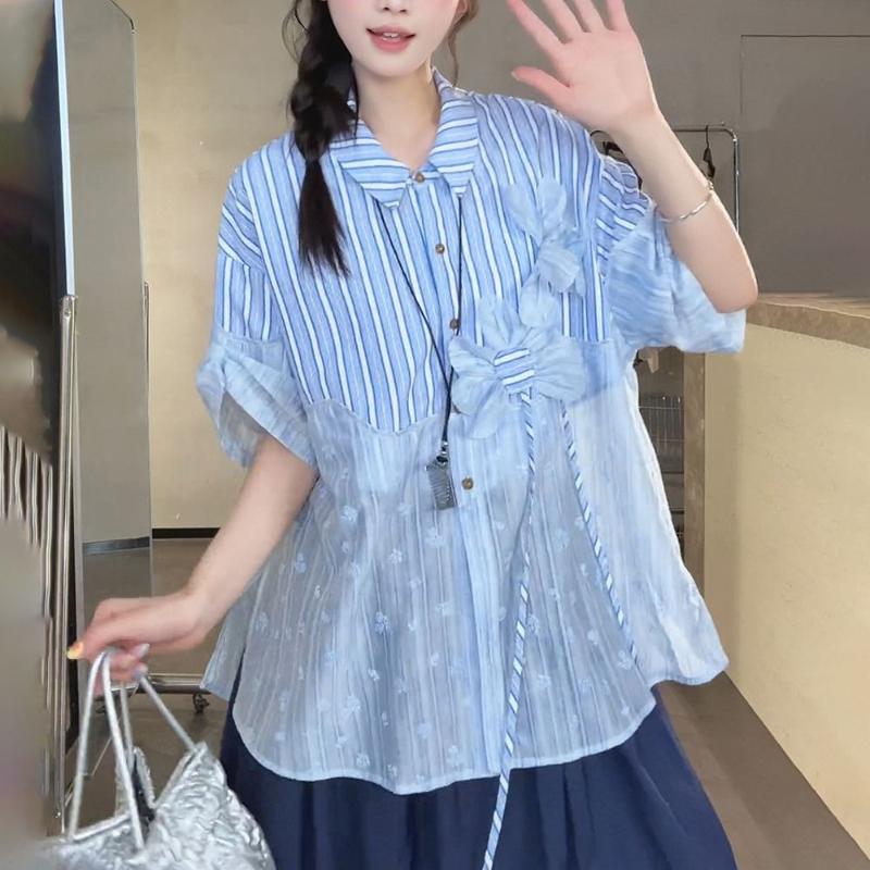 Striped Women's Short Sleeved Shirts Fashionable Lace Patchwork Bloues Korean Sweet and Simple Ladies Clothing