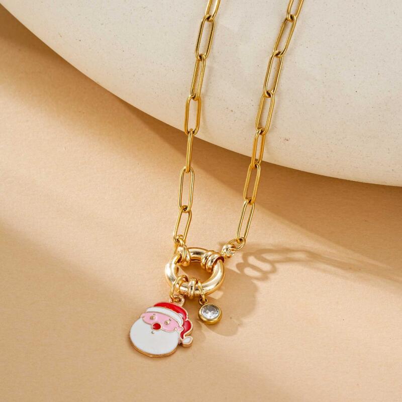 Christmas Stainless Steel Necklace Set - Santa Reindeer Snowman Pendants Lobster Clasp Adjustable Festive Jewelry Gift