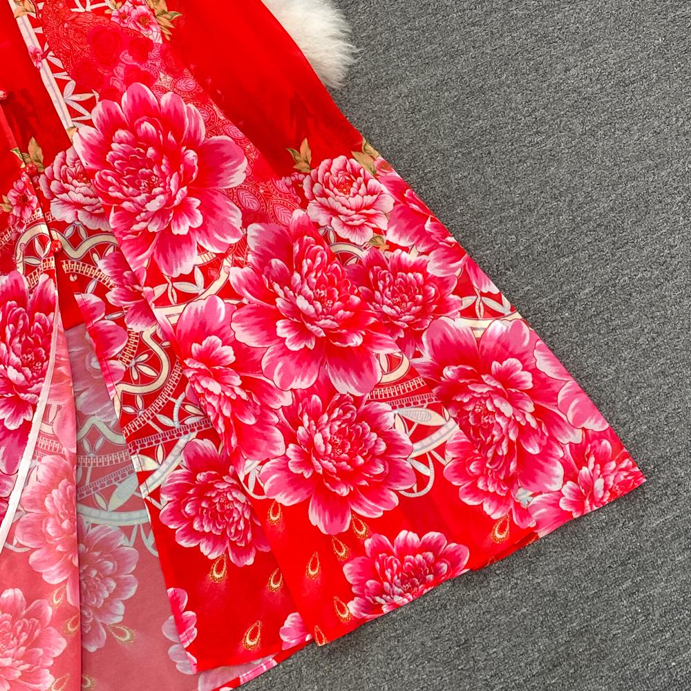 Fashion Runway Print Summer Dresses For Women Deep V Neck Flying Sleeve Single Breasted Split Long Pleated Chiffon Dresses