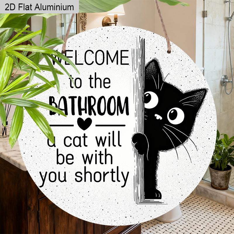 2D Flat Aluminium Bathroom Sign with Black Cat Pattern - Funny Decorative Sign & Plaque - Ideal for Bathroom Wall Decoration - Home Hanging Decor for