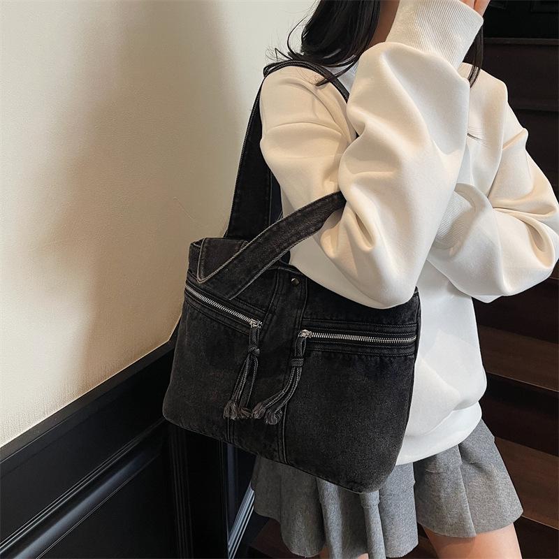 Autumn new denim satchel Japanese and Korean simple daily commute large capacity casual tote shoulder bag