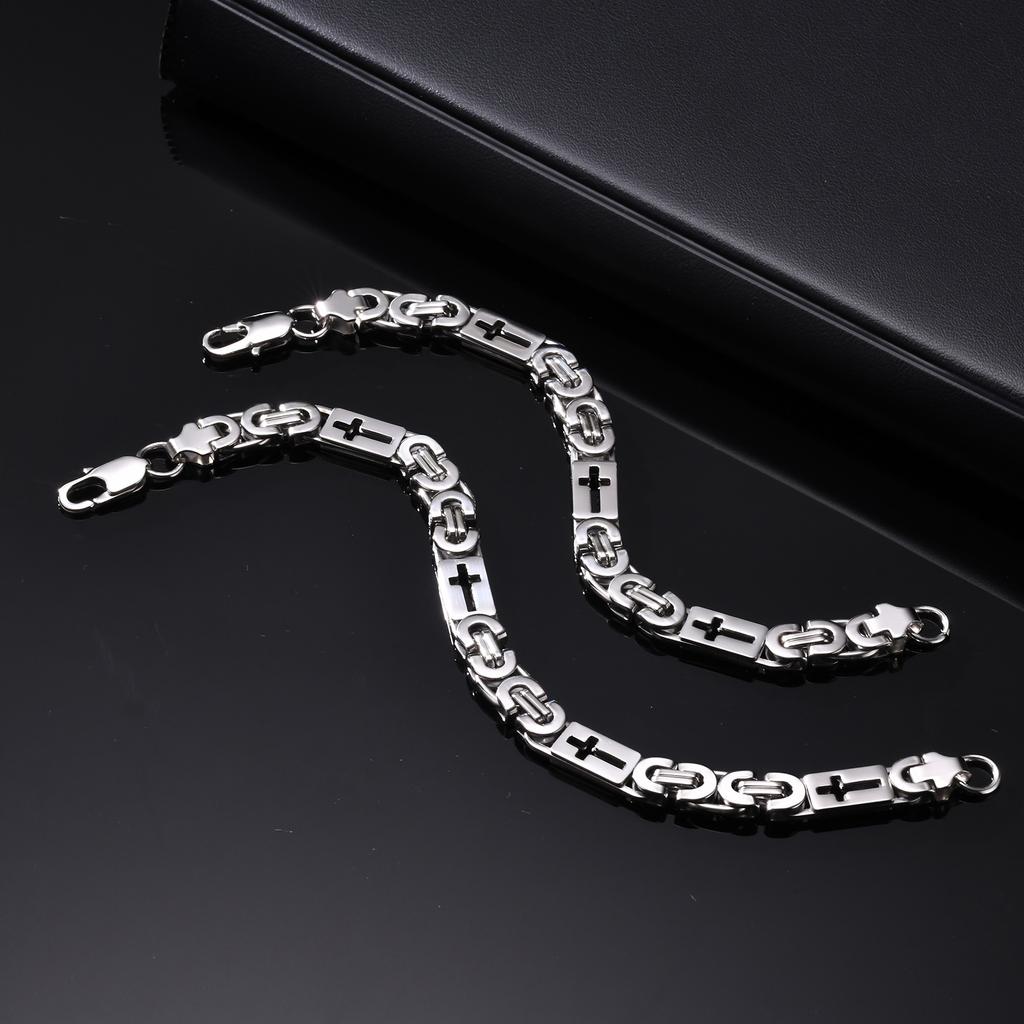 Retro Stainless Steel Hollow Cross Bracelet for Men, Silver Color Byzantine Handmade Chain Link Bracelet, Fashion Punk Jewelry