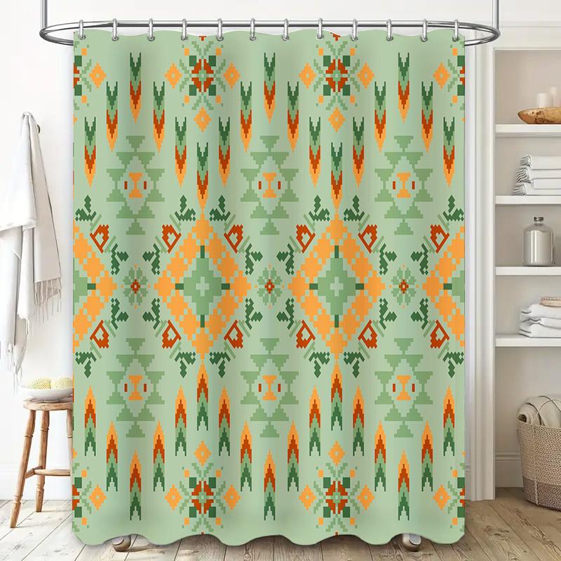 Modern Bohemian Geometric Bathroom Shower Curtain Set in Green Orange Decorative Fabric Waterproof Bath Mat 70x180cm (4 Pieces)