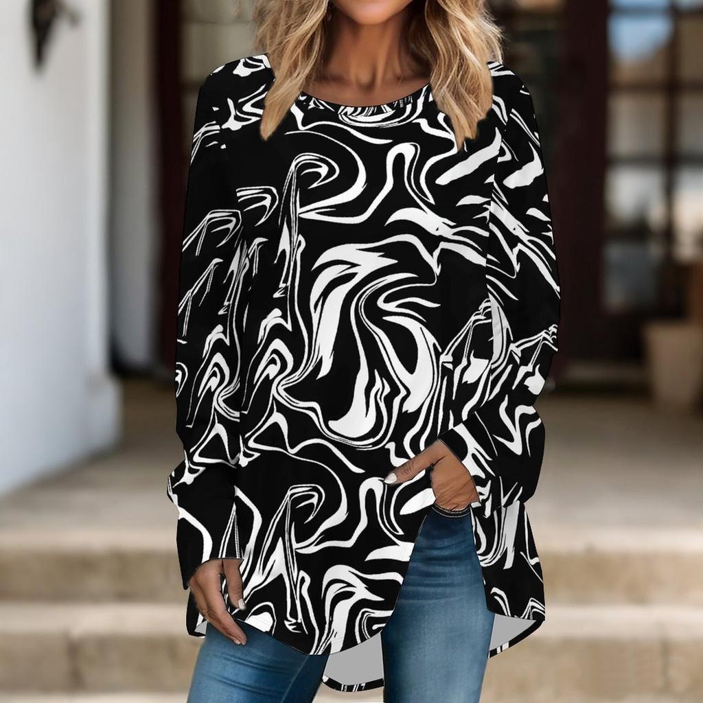 Women Long Sleeve Tunic Top Print Crew Neck Loose Fit Blouse With Pockets Casual Daily Wear Ladies Tops