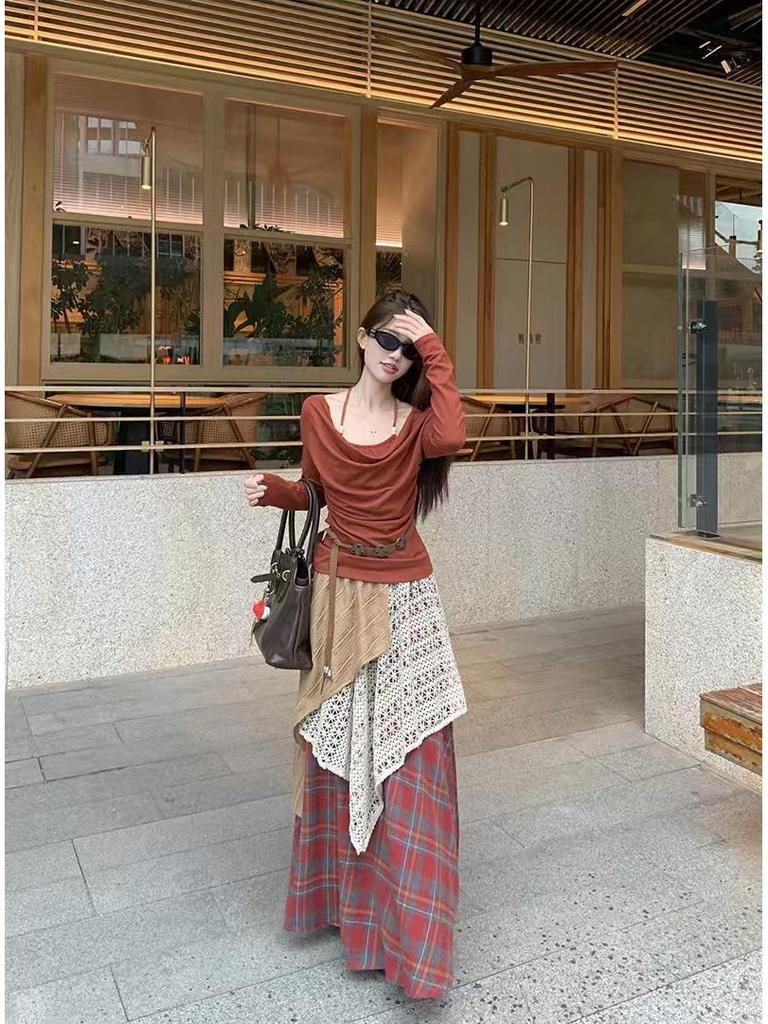 Retro Japanese Ethnic High-Waisted Slim Long Skirt for Women - Autumn/Winter Spliced Design