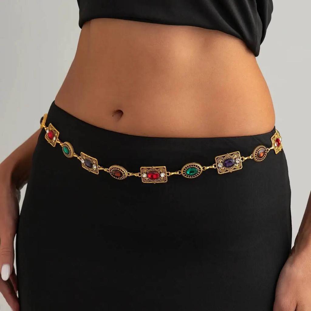 Ingemark Retro Colorful Acrylic Rhinestone Waist Chain Women Bohemia Exquisite Luxury Adjustable Belly Body Chain Y2K Jewelry