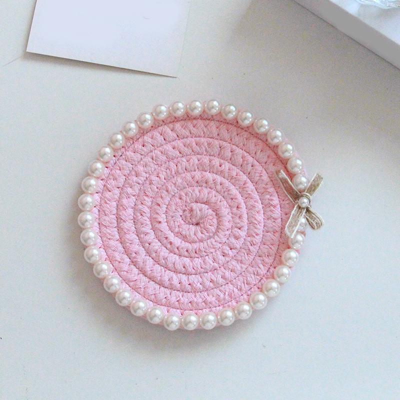 12cm*12cm Bowknot Chic Multiple Colors Ornament Pearl Handmade Cotton Rope Creative Coffee Cup Pad Home Table Decor Accessories