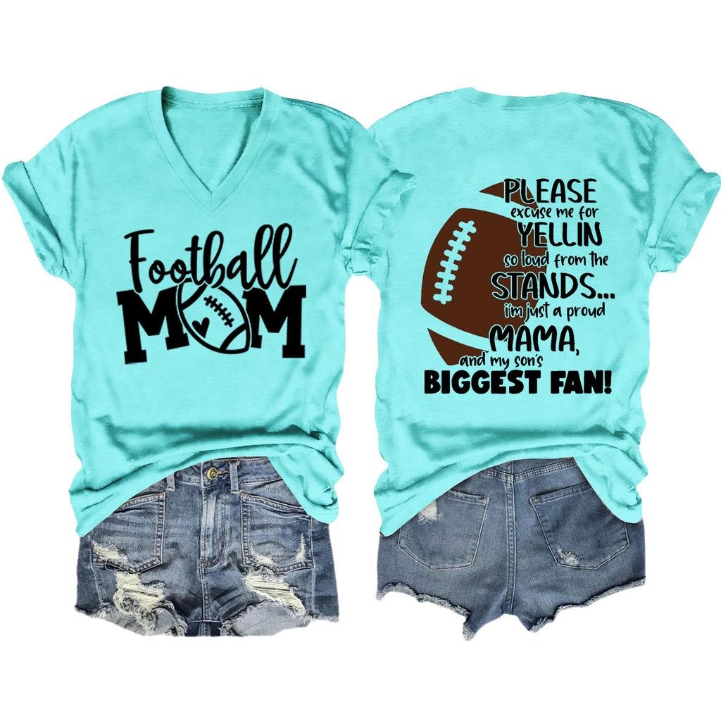 Summer new Vneck Tshirt Football Mom print loose casual shortsleeved top ladies all fashion pullover