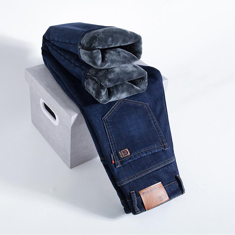 Spring and Autumn Jeans Straight Loose Fleece Thickened Warm Business Elastic Casual Pants