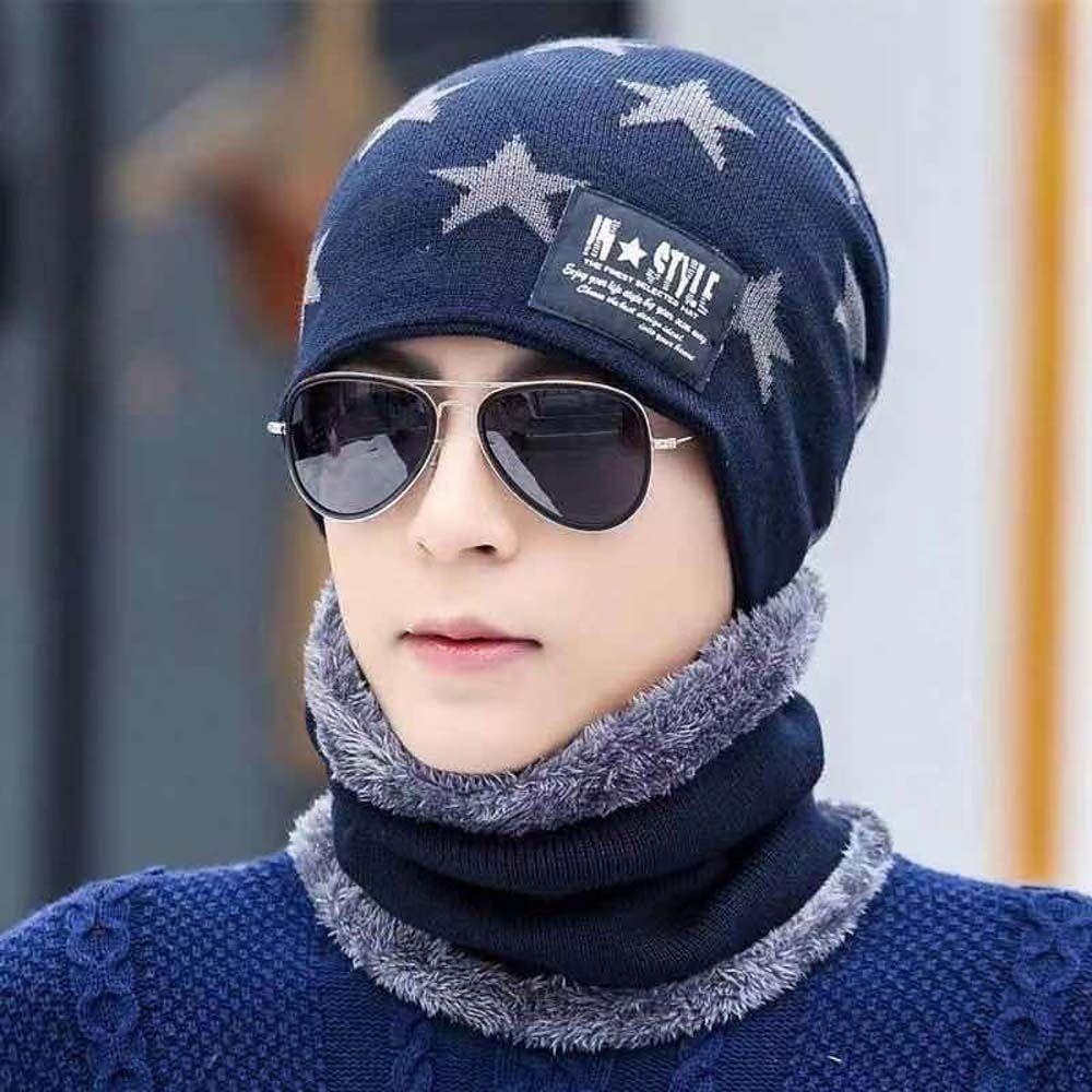 Knitted Winter Hat Scarf Set Star Neck Scarf Hat Ins Men's Beanie Cap Driving