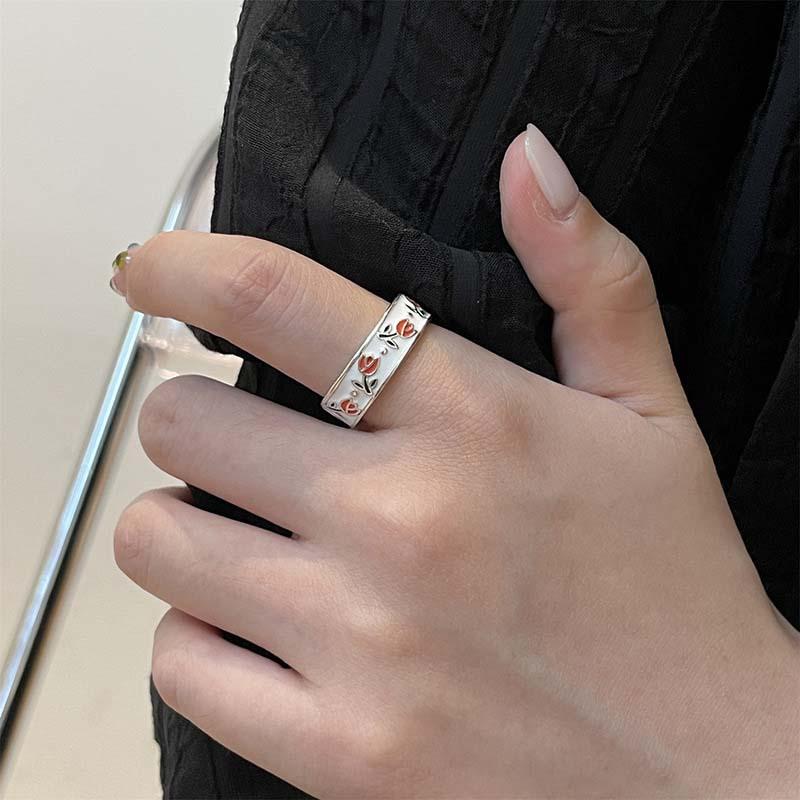 Vintage Enamel Tulip Flower Rings for Women Fashion Simple Sliver Color Adjustable Opening Finger Ring Party Weeding Jewelry