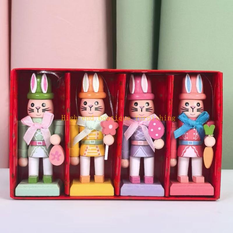  4Pcs Colorful Wooden Rabbit Hanging Decoration 10cm Rabbit Figure Pendant Festival Ornament for Tree Door Wall