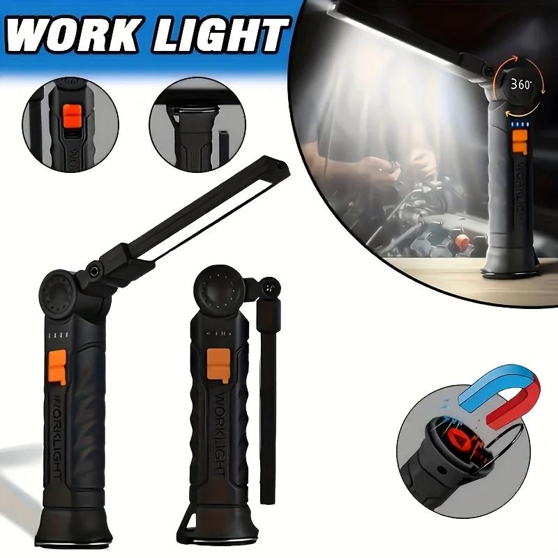 Luz de Trabajo LED Recargable, Lámpara de Camping COB con Base Magnética, Gancho, Giratoria 360°, Reparación, Lectura, Barbacoa, Pesca, Iluminación de Emergencia