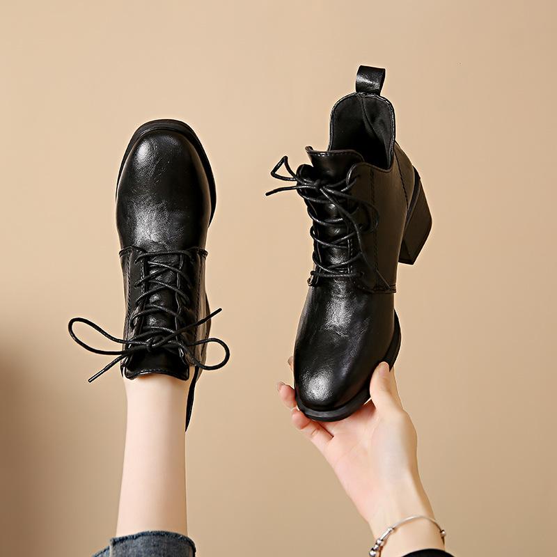 Plus Size Pointy Toe Lace-Up Boots,Chunky Mid Heel Retro Martin Boots for Women
