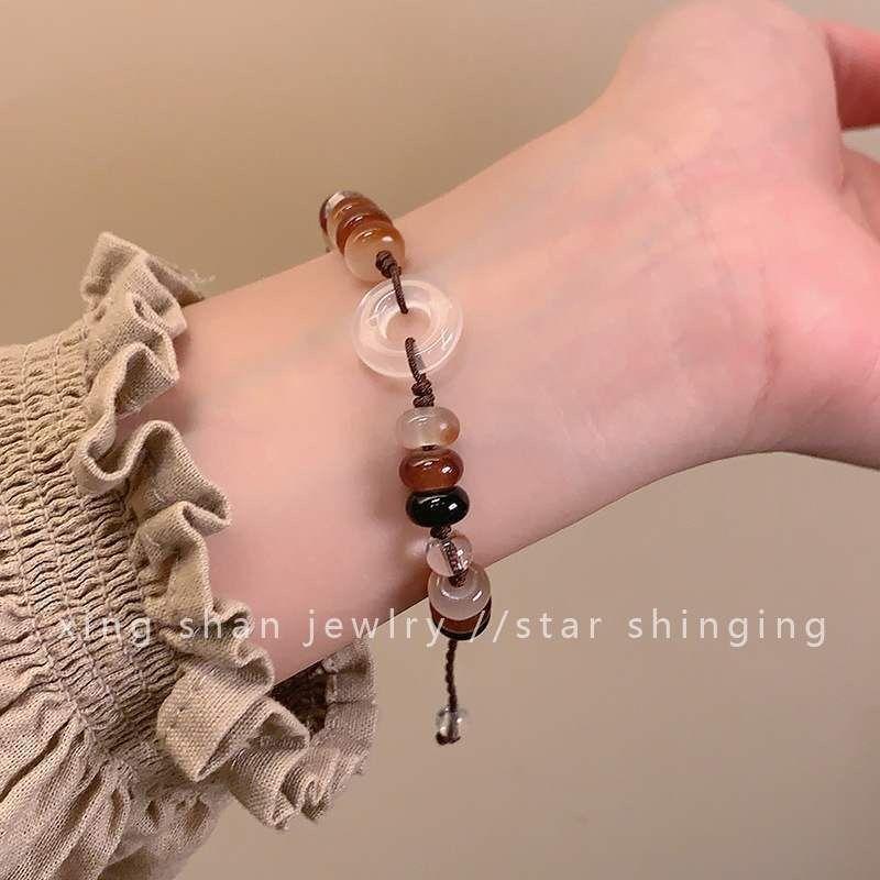 New Chinese Style Brown Peace Buckle Beaded Bracelet Delicate Luxury Hand Jewelry
