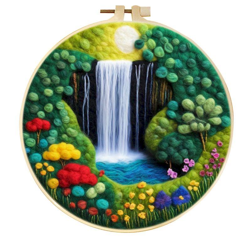 

CHENISTORY Diy Poke Wool Felt 20x20cm Frame Wool Felting Painting With Embroidery Complete Kit Waterfall Landscape Wool Felting