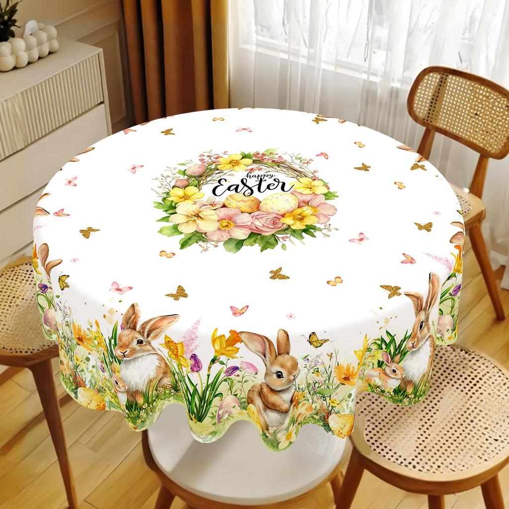 Easter Round Tablecloth Easter Bunny Egg Table Cover Spring Farmhouse Home Kitchen Dinning Table Decor Holiday Party Supplies
