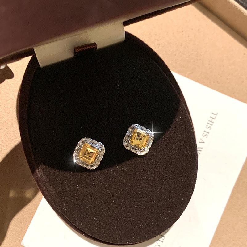 Viral Princess Cut Crystal Earrings, S925 Silver Garnet Studs, Trendy Jewelry