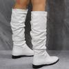 Comemore White Boots for Women Knee High Ladies Fashion Solid Color Leather Wrinkled Pointed Toe Flat Thick Heeled Long Botas
