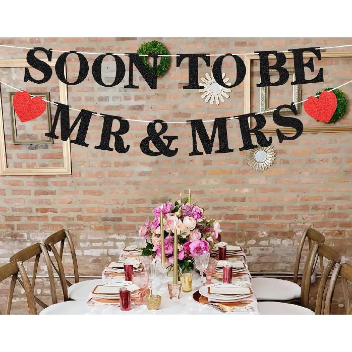 Pre-strung Soon to Be Mr & Mrs Banner - Black Glitter Bridal Shower Decorations for Wedding, Engagement or Bachelorette Party Photo Booth Props