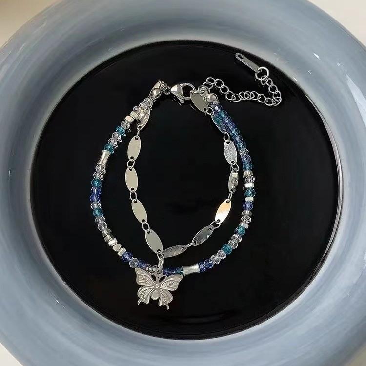Stylish Double Layer Butterfly Bracelet For Women With Blue Crystal Beads