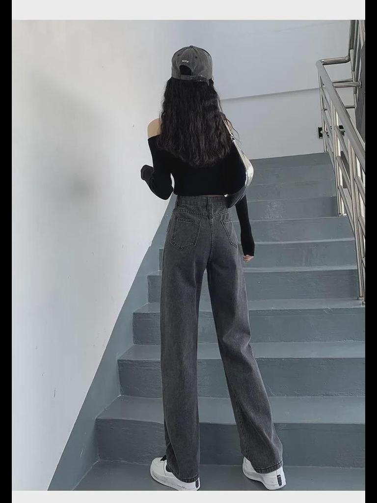 Women's Plush Wide-Leg Jeans: High-Waisted, Slimming, Loose Fit - Perfect for Autumn and Winter with a Warm Korean Style.