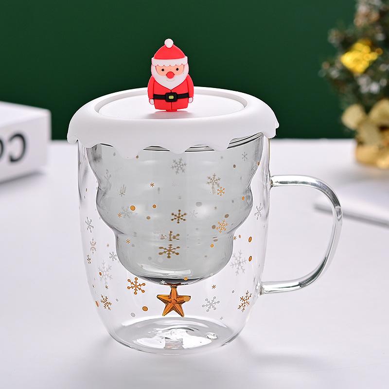 Double Layer Insulated Christmas Cup with Lid Coffee Cup High Borosilicate Glass Cup Wholesale with Handle Glass Decorative Cup