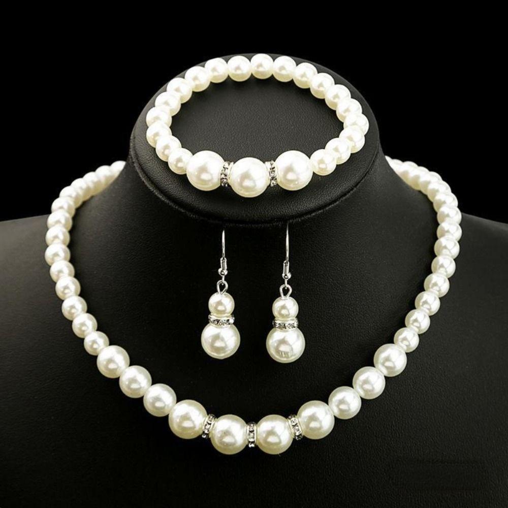 Shiny Earrings Necklace Bracelet Set Simulated Pearl Bridal Jewelry Accessories  Banquet