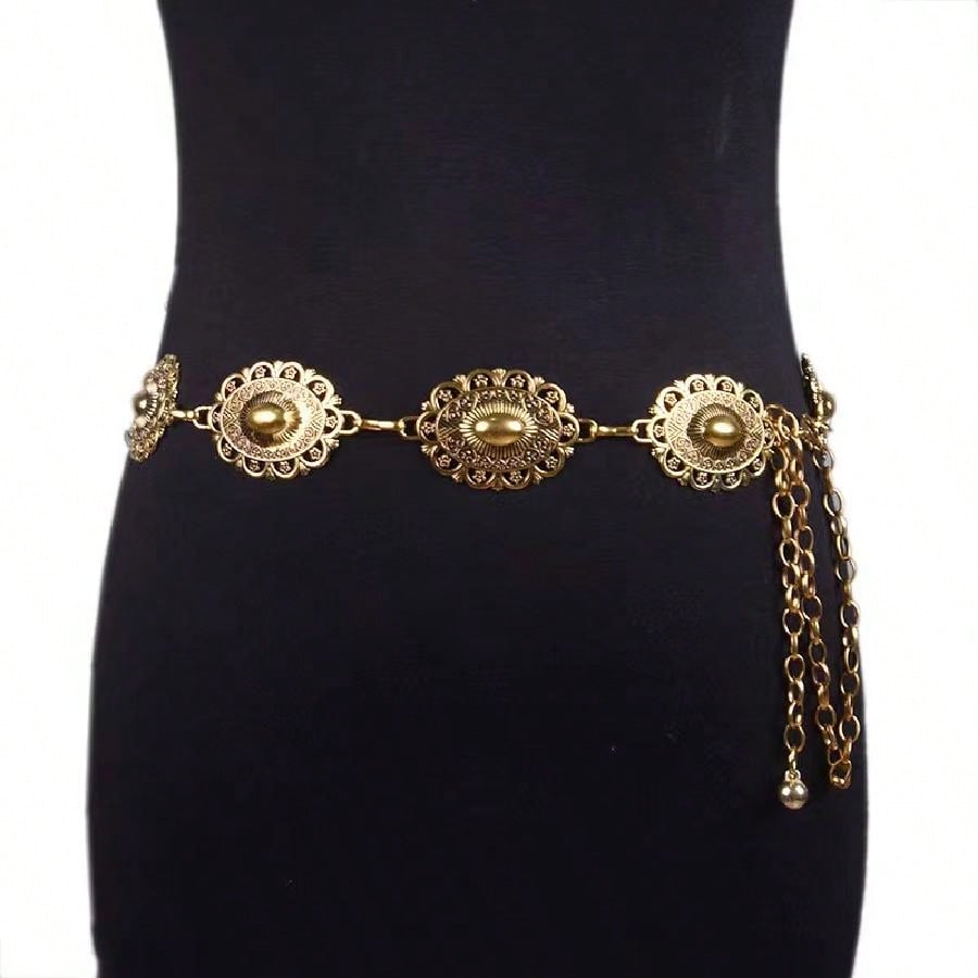 

Vintage Oval Pattern Antique Silver Waist Chain Floral Embossed Metal Belt For Women Dress Decoration Summer, School Fall золотий