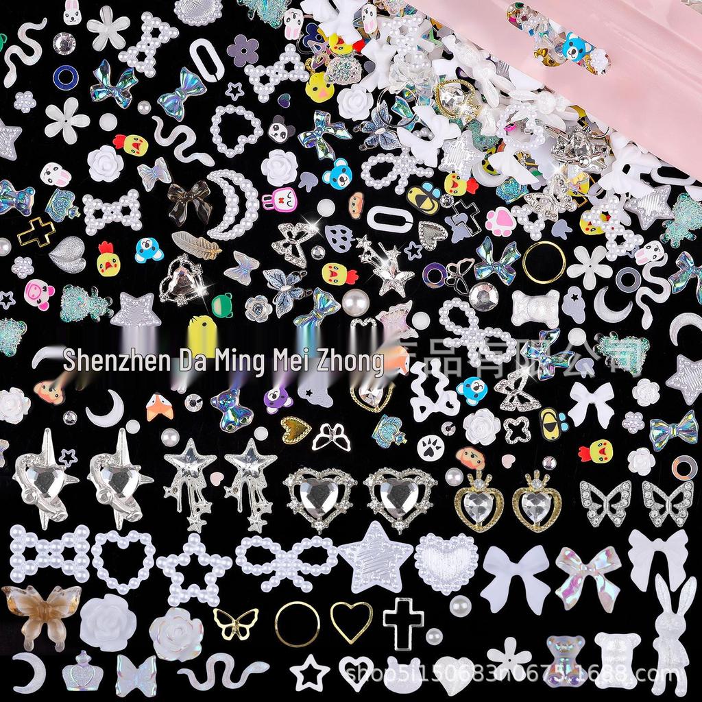 650PCS Mixed Nail Art Kit: Bows, Chrome Hearts, Pearls, Rivets, and Fairy Style Colors.