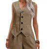 Elegant Women's V-neck Button Decor Vest & Shorts Two-Piece Set - 2025