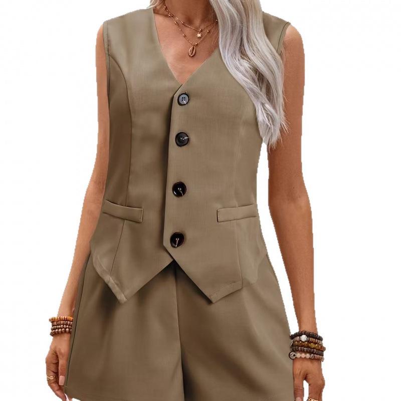 Elegant Women's V-neck Button Decor Vest & Shorts Two-Piece Set - 2025