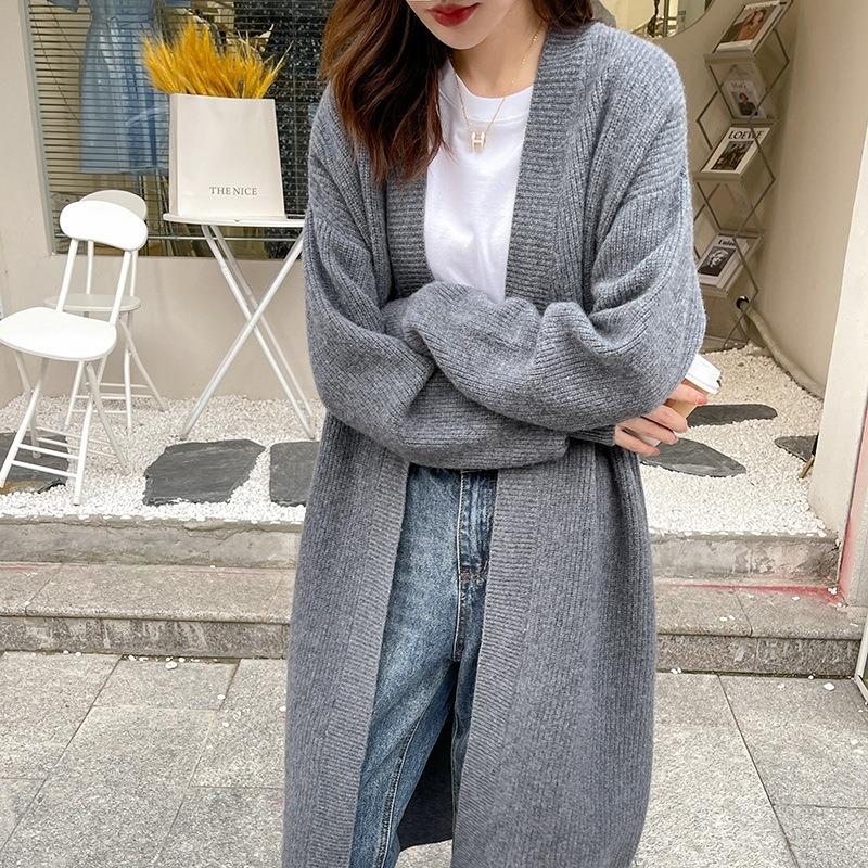 Knitted Women Cardigan Autumn Winter Casual V Neck Mid Length Coat Fashion Loose Solid Color Office Lady Sweater