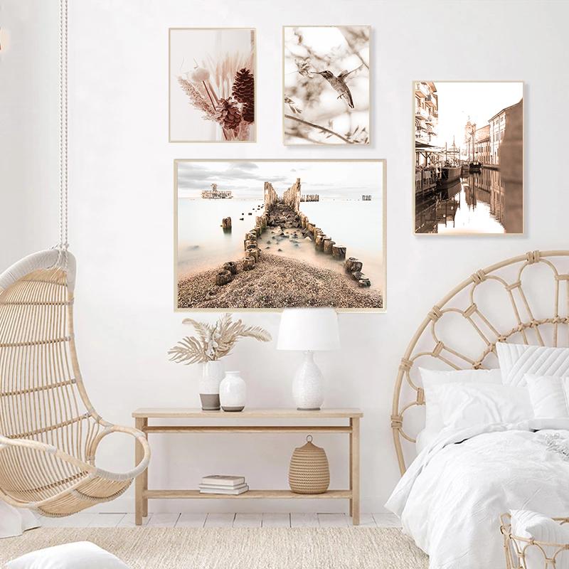 Landscape Scandinavian Nature Canvas Painting Flower Grass Beach Bird Wall Art Poster Nordic Print Modern Home Decor Picture