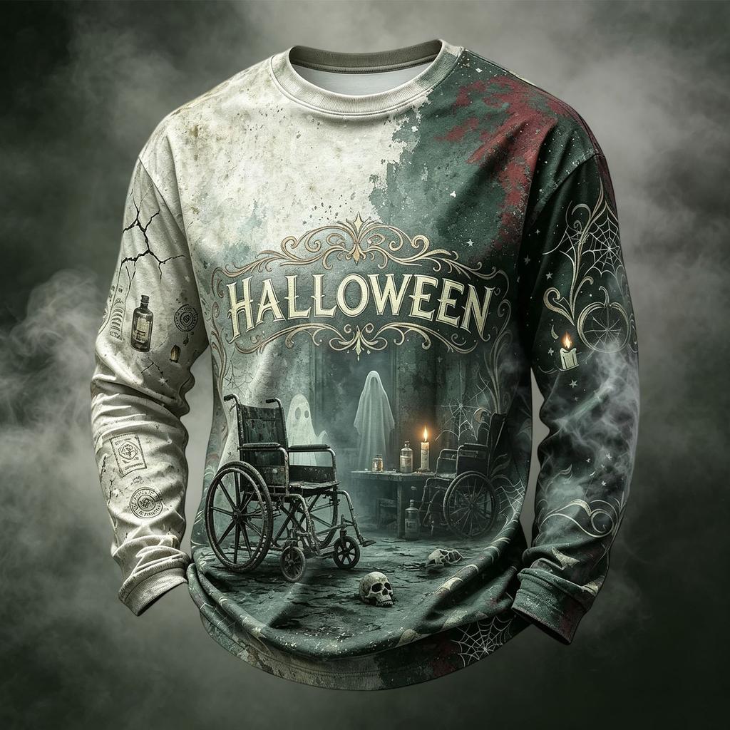 Men's Casual Knit Long Sleeve Neck T-Shirt with Halloween Print