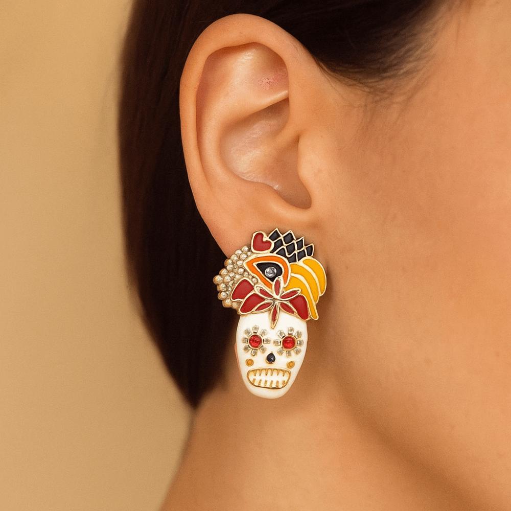 Flower Dripping Oil Skull Earrings Rhinestone Enamel Skeleton Stud Earrings Vintage Earring  Autumn
