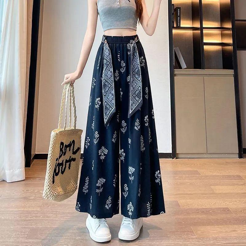 Women's Ethnic Style High-Waist Ice Silk Wide-Leg Cropped Trousers - Summer Slimming Print